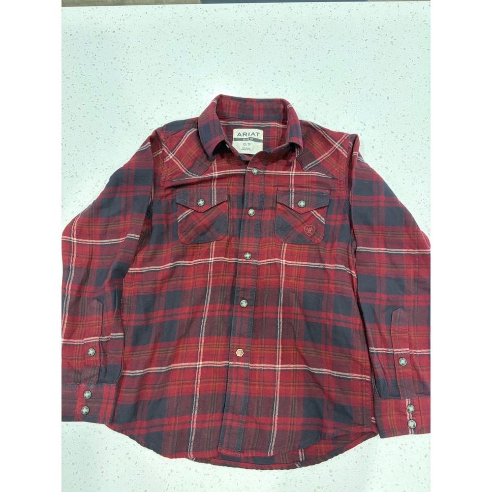 Ariat Boys Red Black Plaid Western Snap Shirt Long Sleeve Size S Small